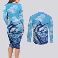 Hawaii Blue Marlin Fishing Couples Matching Long Sleeve Bodycon Dress and Long Sleeve Button Shirt LT05 - Polynesian Pride