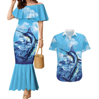 Hawaii Blue Marlin Fishing Couples Matching Mermaid Dress and Hawaiian Shirt