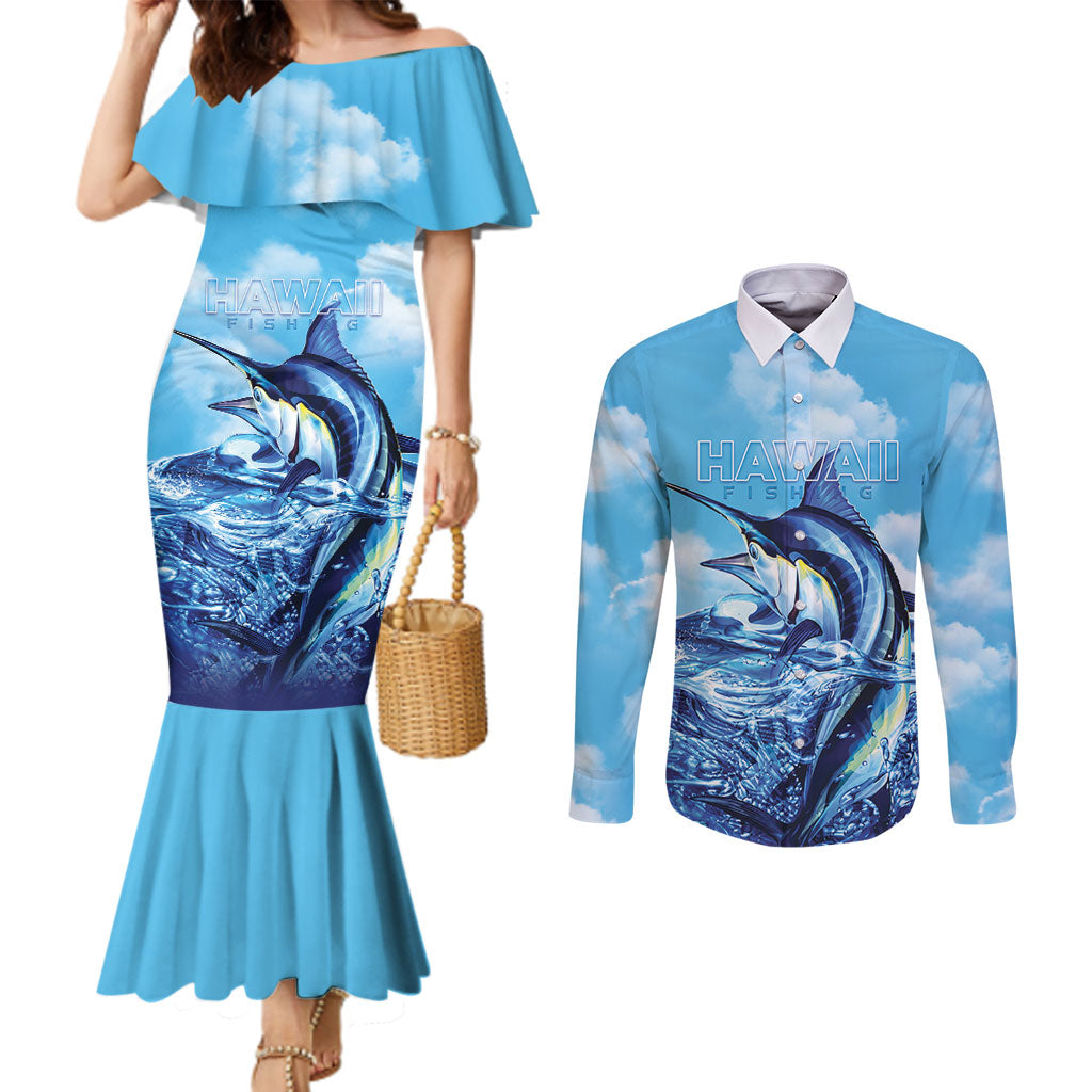 Hawaii Blue Marlin Fishing Couples Matching Mermaid Dress and Long Sleeve Button Shirt LT05 Blue - Polynesian Pride