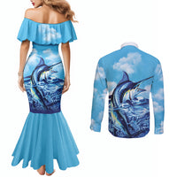 Hawaii Blue Marlin Fishing Couples Matching Mermaid Dress and Long Sleeve Button Shirt