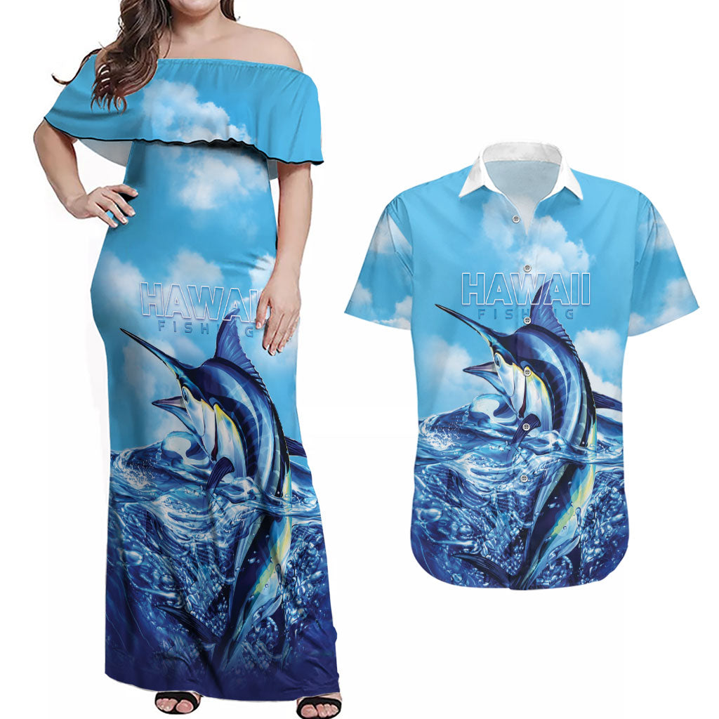 Hawaii Blue Marlin Fishing Couples Matching Off Shoulder Maxi Dress and Hawaiian Shirt LT05 Blue - Polynesian Pride