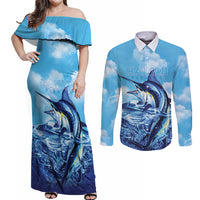 Hawaii Blue Marlin Fishing Couples Matching Off Shoulder Maxi Dress and Long Sleeve Button Shirt LT05 Blue - Polynesian Pride