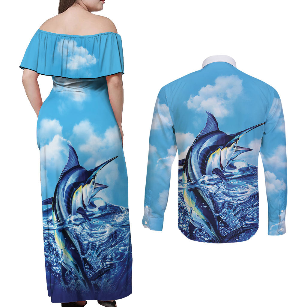Hawaii Blue Marlin Fishing Couples Matching Off Shoulder Maxi Dress and Long Sleeve Button Shirt LT05 - Polynesian Pride