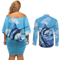 Hawaii Blue Marlin Fishing Couples Matching Off Shoulder Short Dress and Long Sleeve Button Shirt LT05 - Polynesian Pride