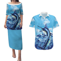 Hawaii Blue Marlin Fishing Couples Matching Puletasi and Hawaiian Shirt LT05 Blue - Polynesian Pride