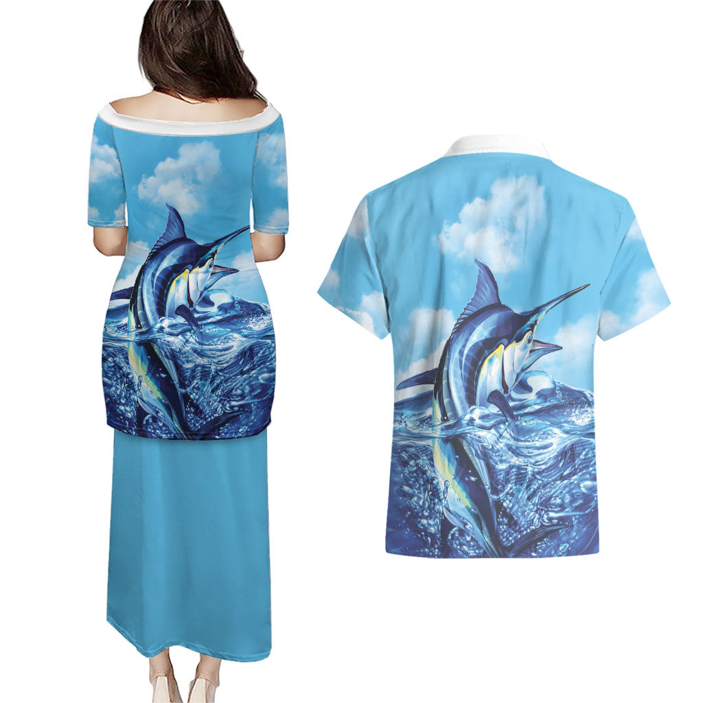 Hawaii Blue Marlin Fishing Couples Matching Puletasi and Hawaiian Shirt LT05 - Polynesian Pride