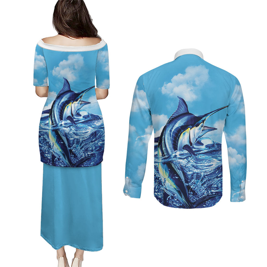 Hawaii Blue Marlin Fishing Couples Matching Puletasi and Long Sleeve Button Shirt LT05 - Polynesian Pride
