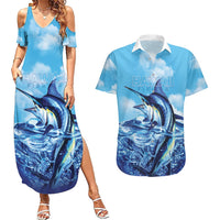 Hawaii Blue Marlin Fishing Couples Matching Summer Maxi Dress and Hawaiian Shirt