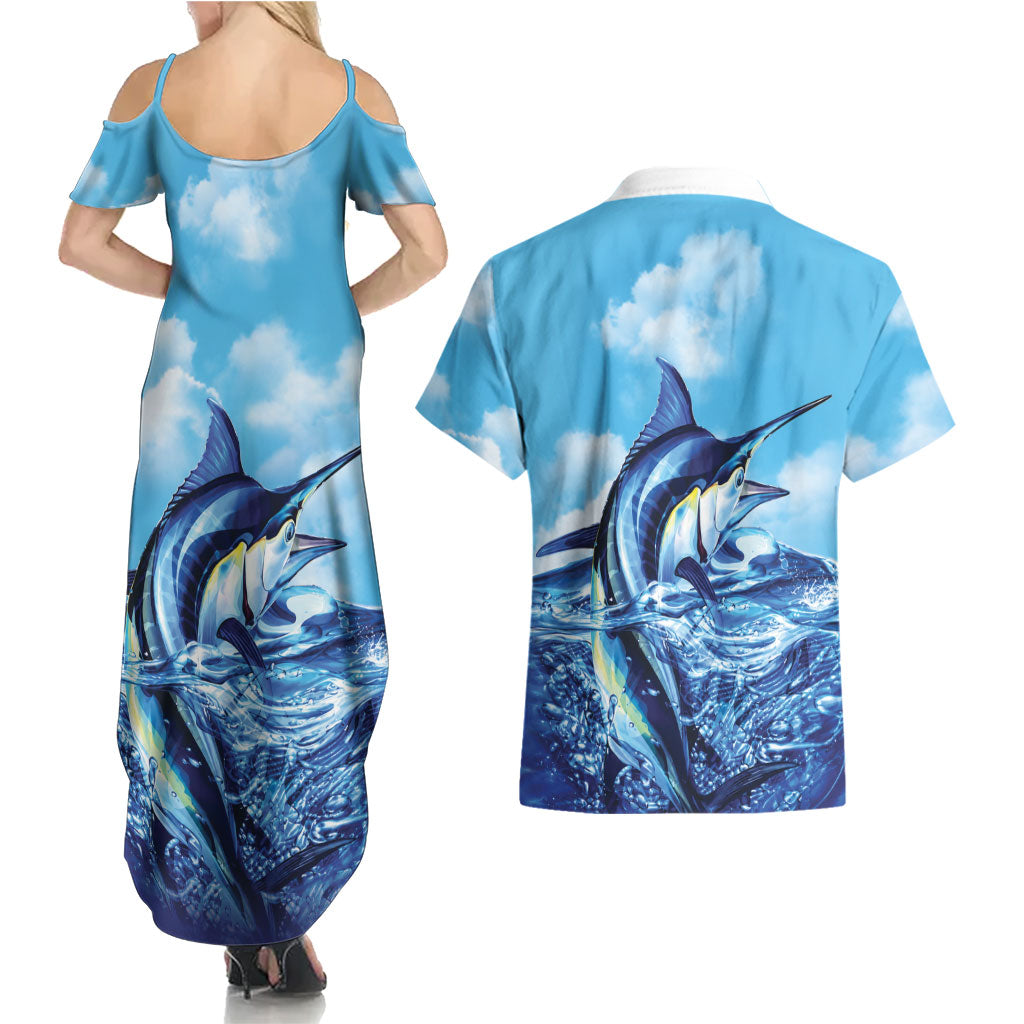 Hawaii Blue Marlin Fishing Couples Matching Summer Maxi Dress and Hawaiian Shirt