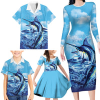 Hawaii Blue Marlin Fishing Family Matching Long Sleeve Bodycon Dress and Hawaiian Shirt