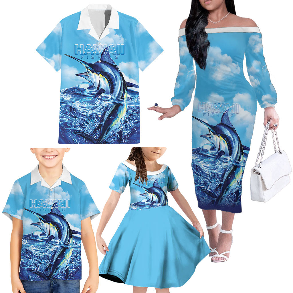 Hawaii Blue Marlin Fishing Family Matching Off The Shoulder Long Sleeve Dress and Hawaiian Shirt LT05 - Polynesian Pride