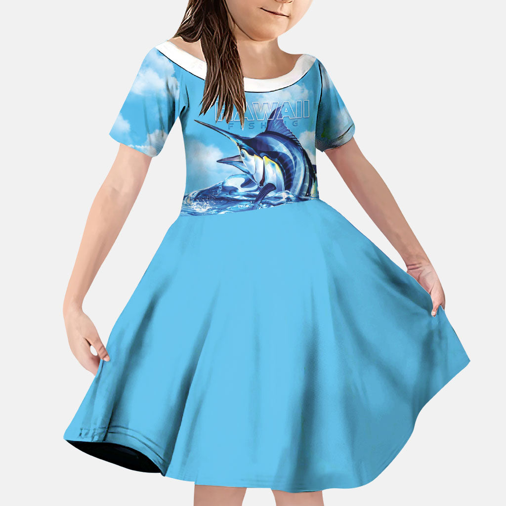 Hawaii Blue Marlin Fishing Family Matching Short Sleeve Bodycon Dress and Hawaiian Shirt