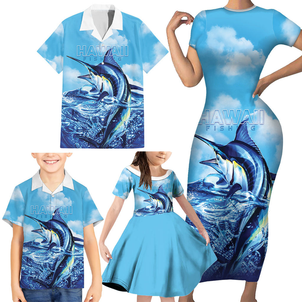 Hawaii Blue Marlin Fishing Family Matching Short Sleeve Bodycon Dress and Hawaiian Shirt LT05 - Polynesian Pride