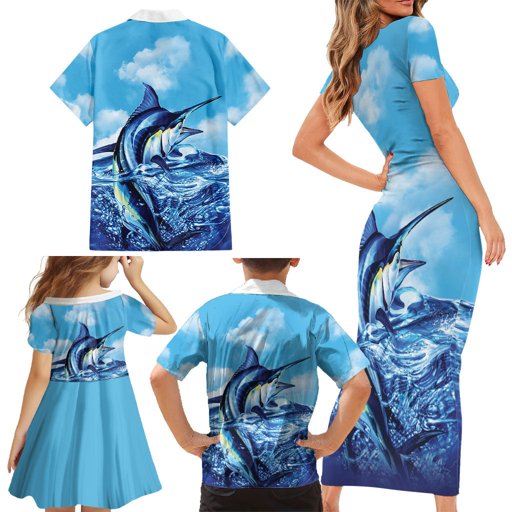 Hawaii Blue Marlin Fishing Family Matching Short Sleeve Bodycon Dress and Hawaiian Shirt