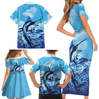 Hawaii Blue Marlin Fishing Family Matching Short Sleeve Bodycon Dress and Hawaiian Shirt