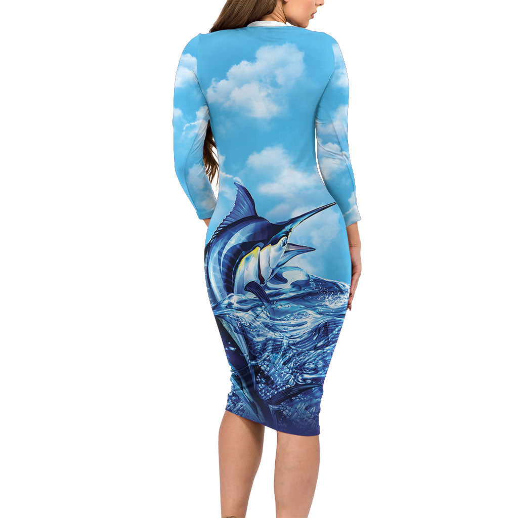 Hawaii Blue Marlin Fishing Long Sleeve Bodycon Dress