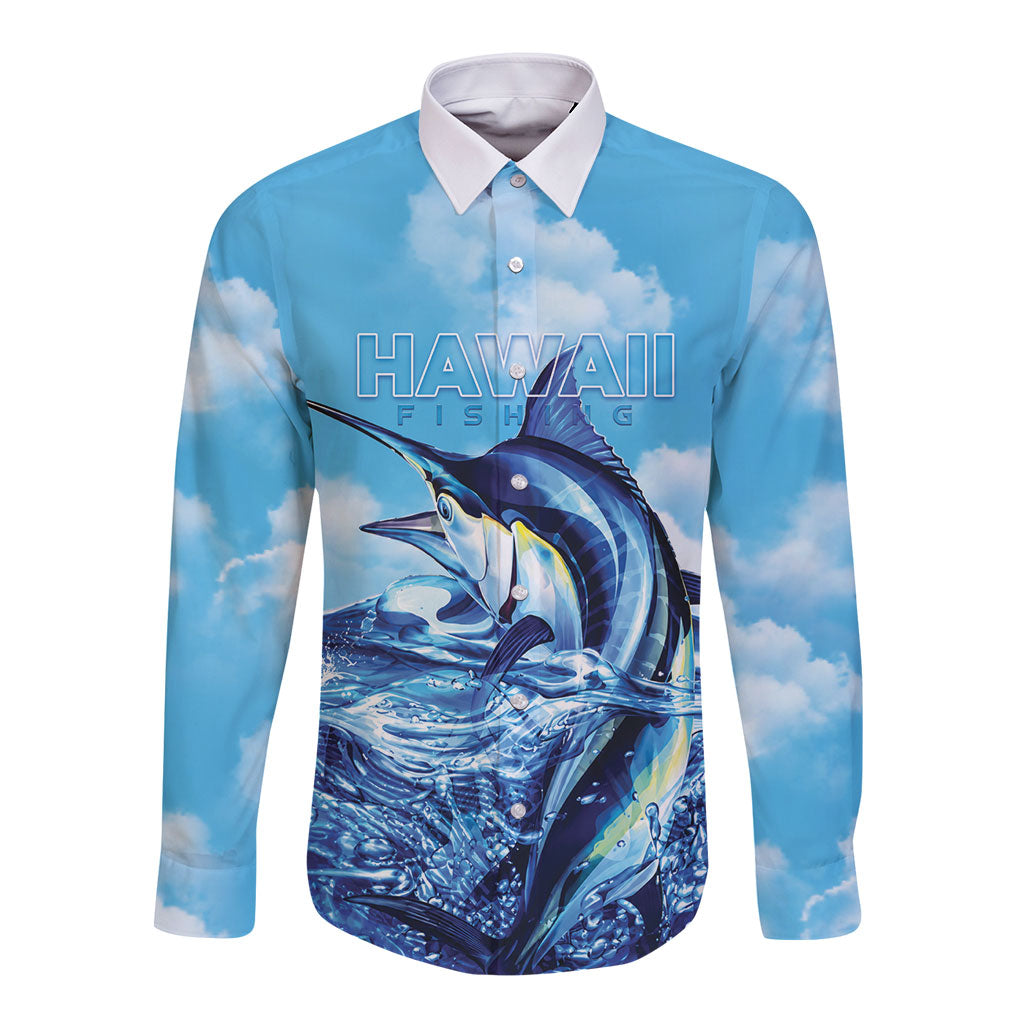 Hawaii Blue Marlin Fishing Long Sleeve Button Shirt LT05 Unisex Blue - Polynesian Pride