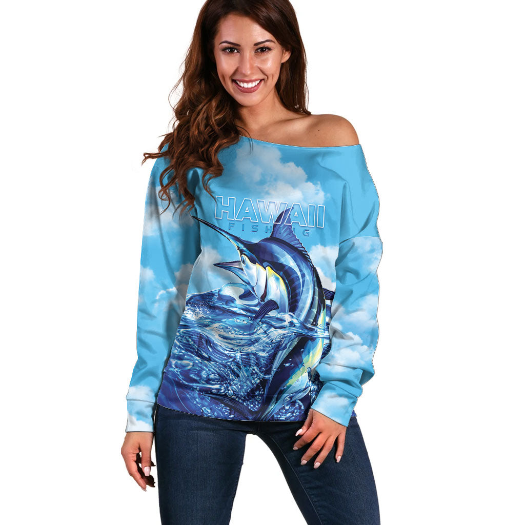 Hawaii Blue Marlin Fishing Off Shoulder Sweater LT05 Women Blue - Polynesian Pride