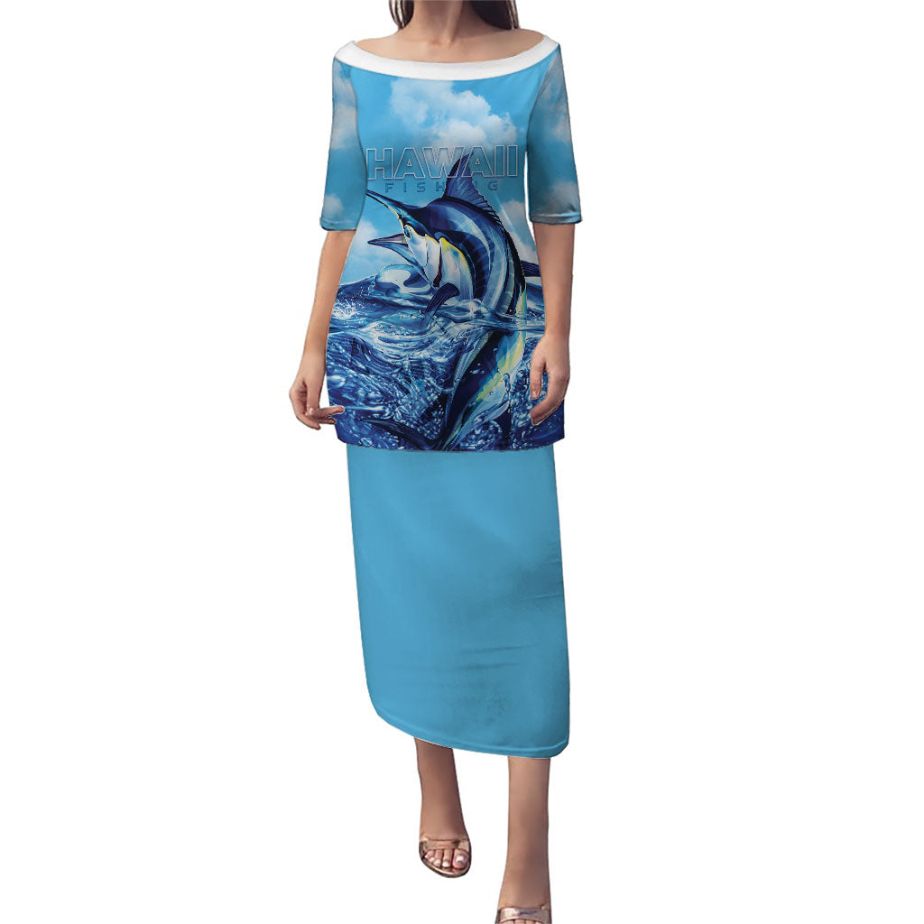 Hawaii Blue Marlin Fishing Puletasi LT05 Long Dress Blue - Polynesian Pride