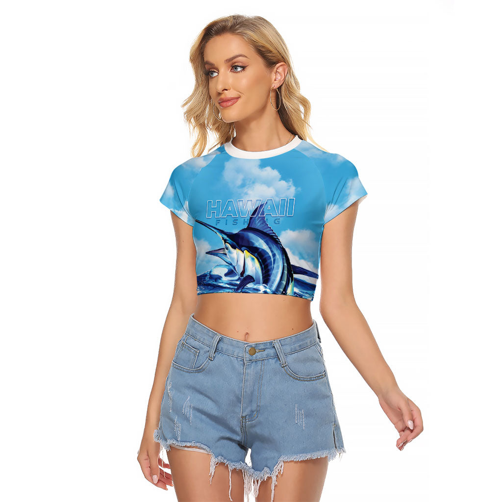 Hawaii Blue Marlin Fishing Raglan Cropped T Shirt LT05 Female Blue - Polynesian Pride