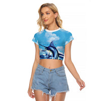 Hawaii Blue Marlin Fishing Raglan Cropped T Shirt LT05 Female Blue - Polynesian Pride
