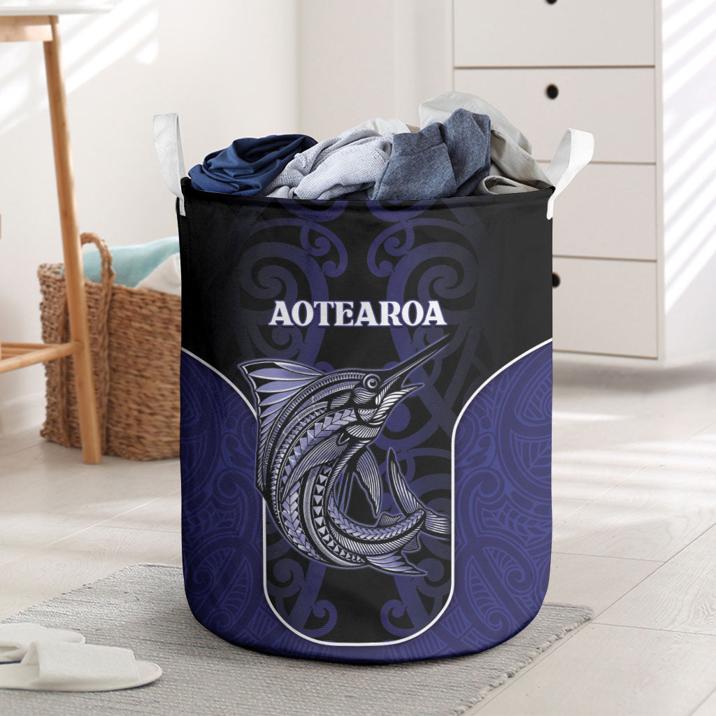 New Zealand Aotearoa Laundry Basket Blue Marlin Fishing Maori Pattern LT05 Black - Polynesian Pride