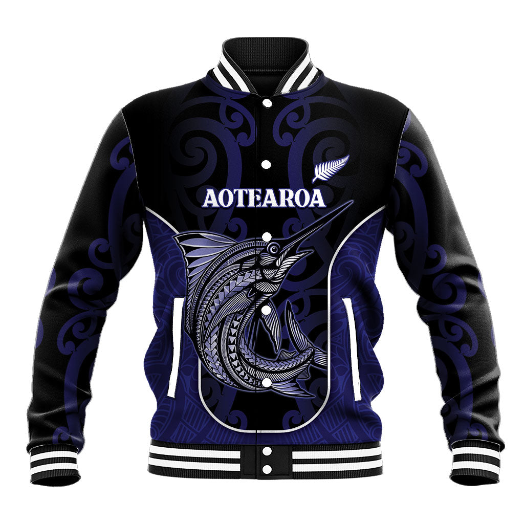 Personalised New Zealand Aotearoa Baseball Jacket Blue Marlin Fishing Maori Pattern LT05 Unisex Black - Polynesian Pride