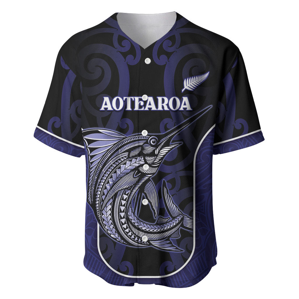 Personalised New Zealand Aotearoa Baseball Jersey Blue Marlin Fishing Maori Pattern LT05 Black - Polynesian Pride