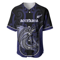 Personalised New Zealand Aotearoa Baseball Jersey Blue Marlin Fishing Maori Pattern LT05 Black - Polynesian Pride
