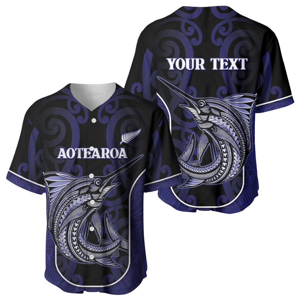Personalised New Zealand Aotearoa Baseball Jersey Blue Marlin Fishing Maori Pattern LT05 - Polynesian Pride