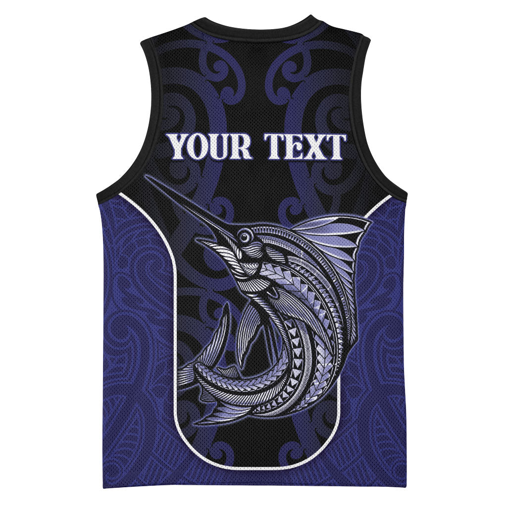 Personalised New Zealand Aotearoa Basketball Jersey Blue Marlin Fishing Maori Pattern LT05 - Polynesian Pride