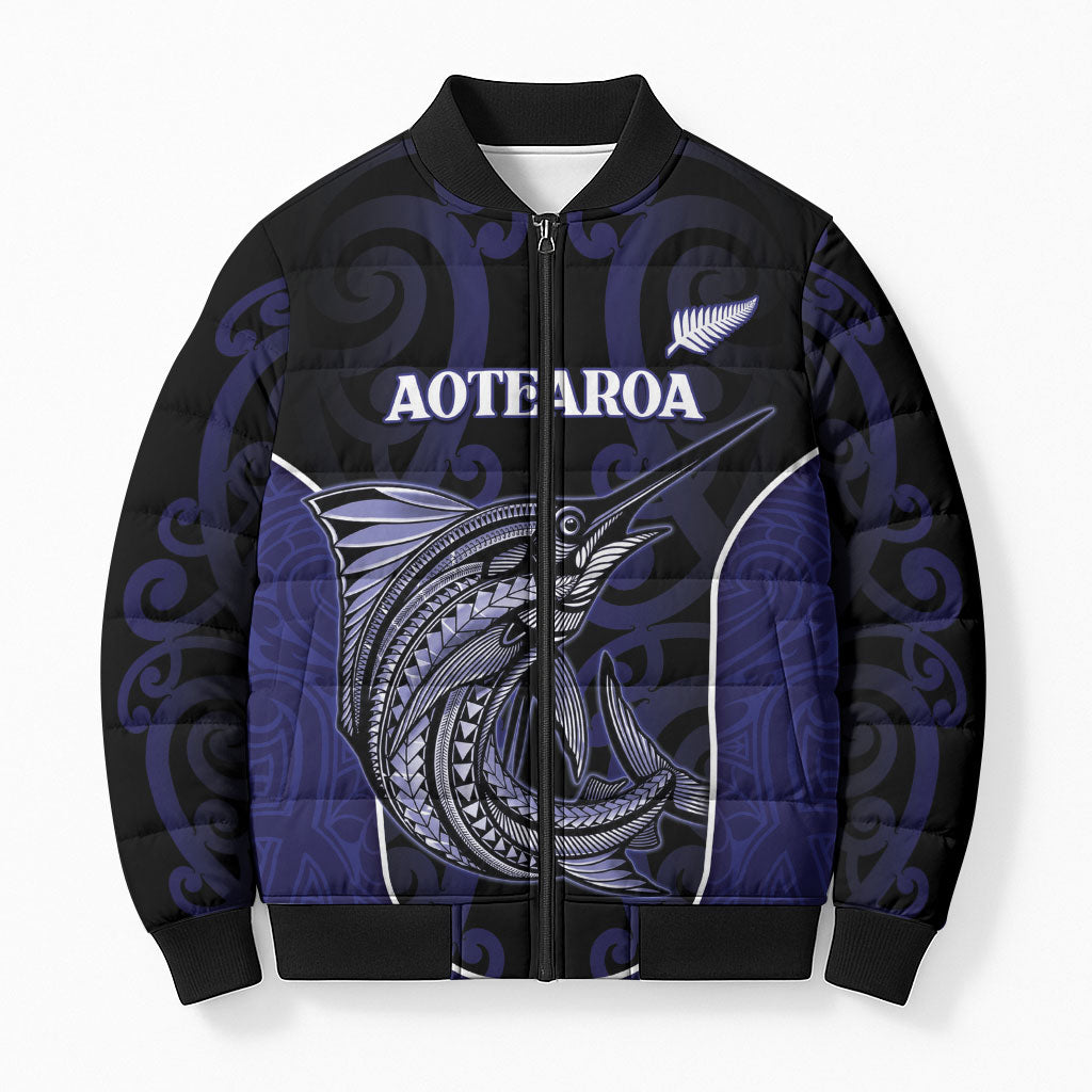 Personalised New Zealand Aotearoa Bomber Puffer Jacket Blue Marlin Fishing Maori Pattern LT05 Unisex Black - Polynesian Pride
