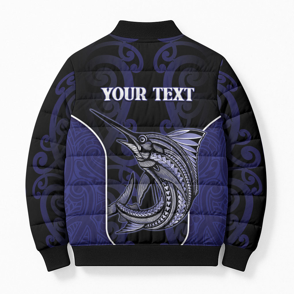 Personalised New Zealand Aotearoa Bomber Puffer Jacket Blue Marlin Fishing Maori Pattern LT05 - Polynesian Pride