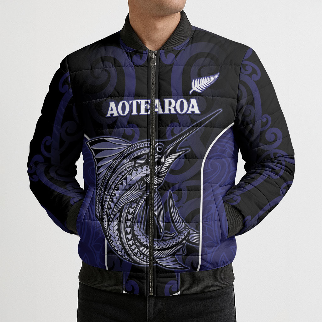 Personalised New Zealand Aotearoa Bomber Puffer Jacket Blue Marlin Fishing Maori Pattern LT05 - Polynesian Pride