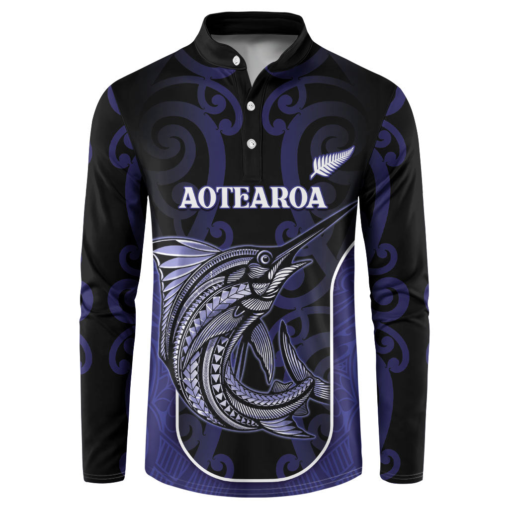 Personalised New Zealand Aotearoa Button Sweatshirt Blue Marlin Fishing Maori Pattern LT05 Black - Polynesian Pride