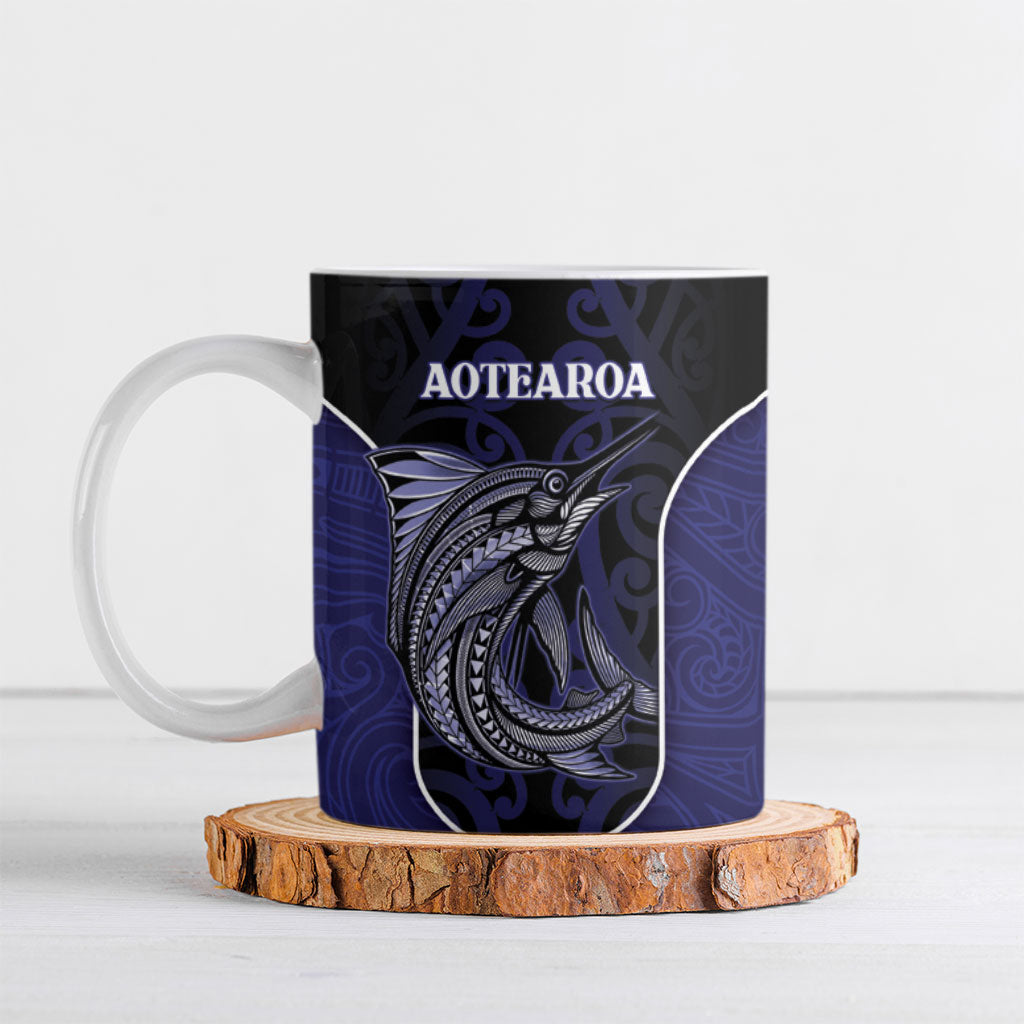 Personalised New Zealand Aotearoa Ceramic Mug Blue Marlin Fishing Maori Pattern LT05 Black - Polynesian Pride