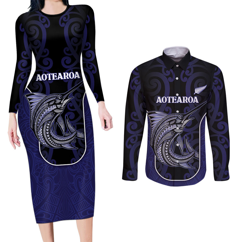 Personalised New Zealand Aotearoa Couples Matching Long Sleeve Bodycon Dress and Long Sleeve Button Shirt Blue Marlin Fishing Maori Pattern