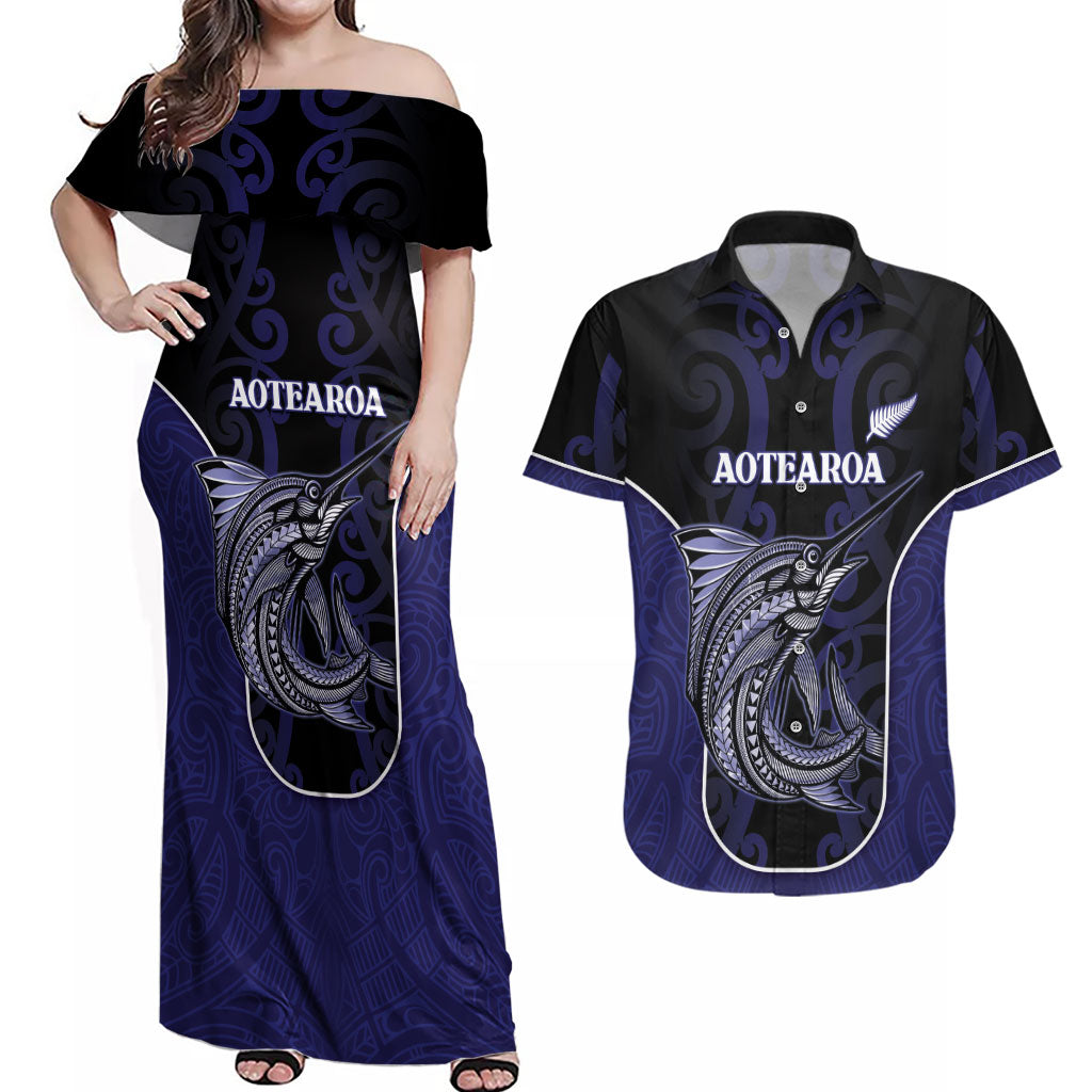 Personalised New Zealand Aotearoa Couples Matching Off Shoulder Maxi Dress and Hawaiian Shirt Blue Marlin Fishing Maori Pattern