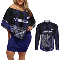 Personalised New Zealand Aotearoa Couples Matching Off Shoulder Short Dress and Long Sleeve Button Shirt Blue Marlin Fishing Maori Pattern