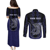 Personalised New Zealand Aotearoa Couples Matching Puletasi and Long Sleeve Button Shirt Blue Marlin Fishing Maori Pattern