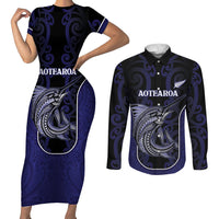 Personalised New Zealand Aotearoa Couples Matching Short Sleeve Bodycon Dress and Long Sleeve Button Shirt Blue Marlin Fishing Maori Pattern