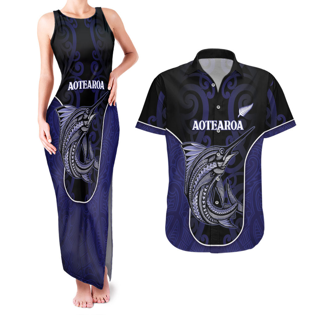 Personalised New Zealand Aotearoa Couples Matching Tank Maxi Dress and Hawaiian Shirt Blue Marlin Fishing Maori Pattern LT05 Black - Polynesian Pride