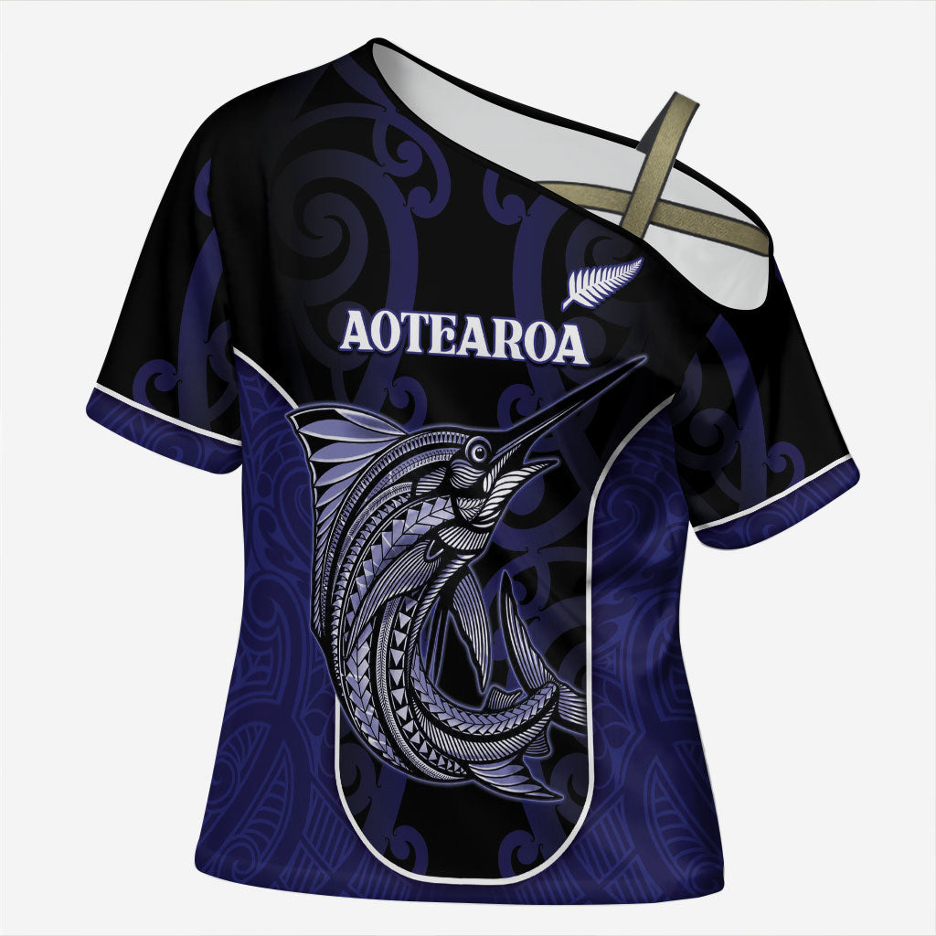 Personalised New Zealand Aotearoa Cross Shoulder Shirt Blue Marlin Fishing Maori Pattern LT05 Female Black - Polynesian Pride