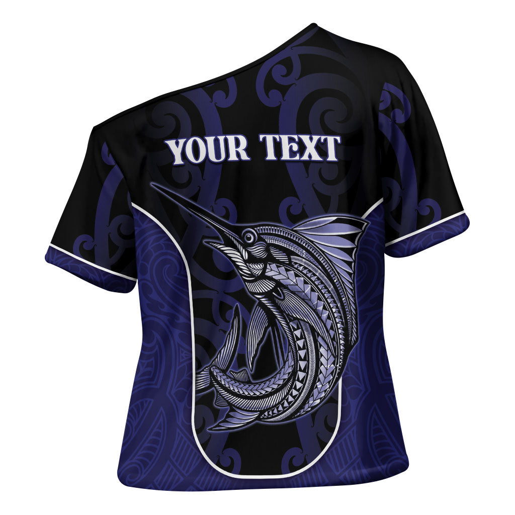 Personalised New Zealand Aotearoa Cross Shoulder Shirt Blue Marlin Fishing Maori Pattern LT05 - Polynesian Pride