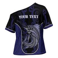 Personalised New Zealand Aotearoa Cross Shoulder Shirt Blue Marlin Fishing Maori Pattern LT05 - Polynesian Pride
