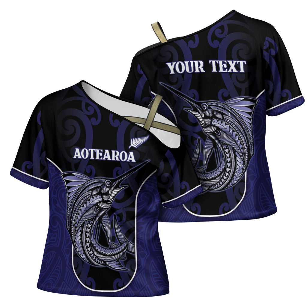 Personalised New Zealand Aotearoa Cross Shoulder Shirt Blue Marlin Fishing Maori Pattern LT05 - Polynesian Pride