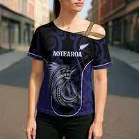 Personalised New Zealand Aotearoa Cross Shoulder Shirt Blue Marlin Fishing Maori Pattern LT05 - Polynesian Pride