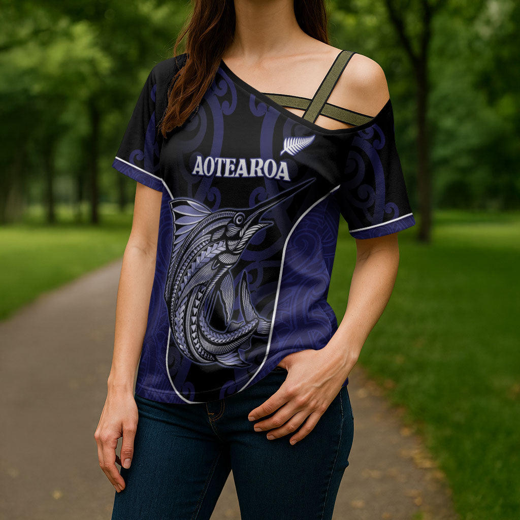 Personalised New Zealand Aotearoa Cross Shoulder Shirt Blue Marlin Fishing Maori Pattern LT05 - Polynesian Pride