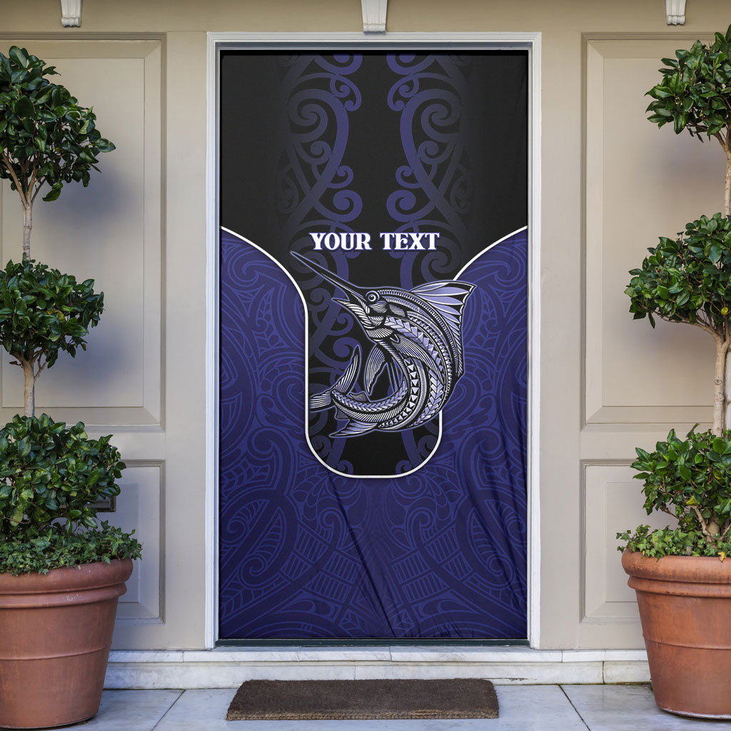 Personalised New Zealand Aotearoa Door Cover Blue Marlin Fishing Maori Pattern LT05 Black - Polynesian Pride