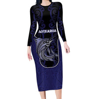 Personalised New Zealand Aotearoa Family Matching Long Sleeve Bodycon Dress and Hawaiian Shirt Blue Marlin Fishing Maori Pattern